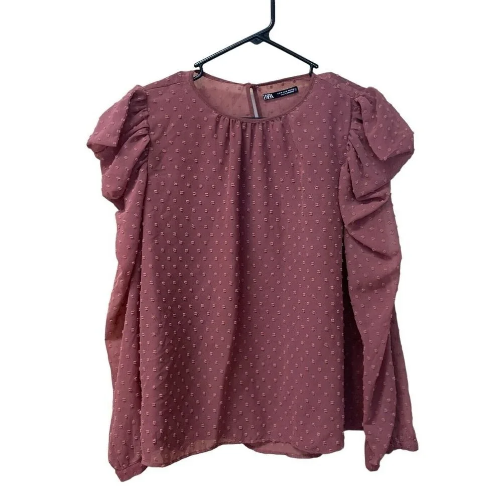 Zara Women's Dotted Puff Long Sleeve‎ Top Sheer Size Medium Mauve - Picture 2 of 6
